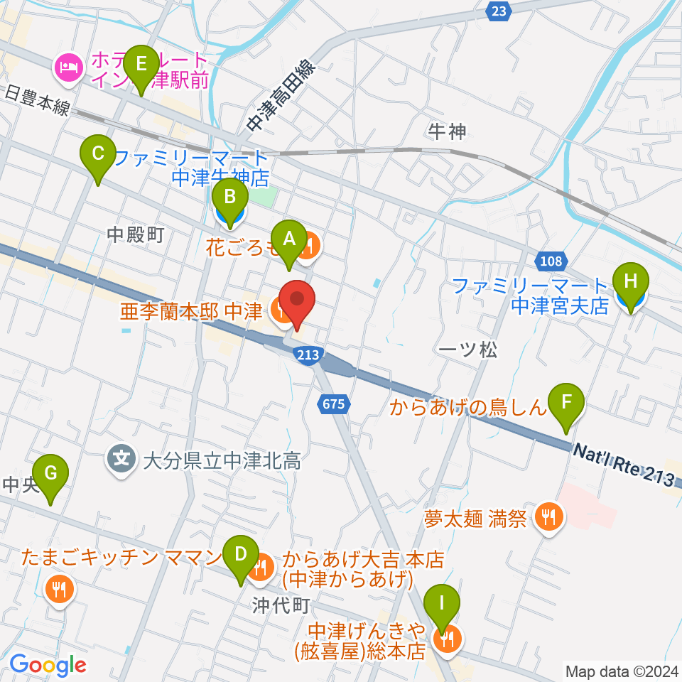 ミュージックストアナガト中津店周辺のコンビニエンスストア一覧地図