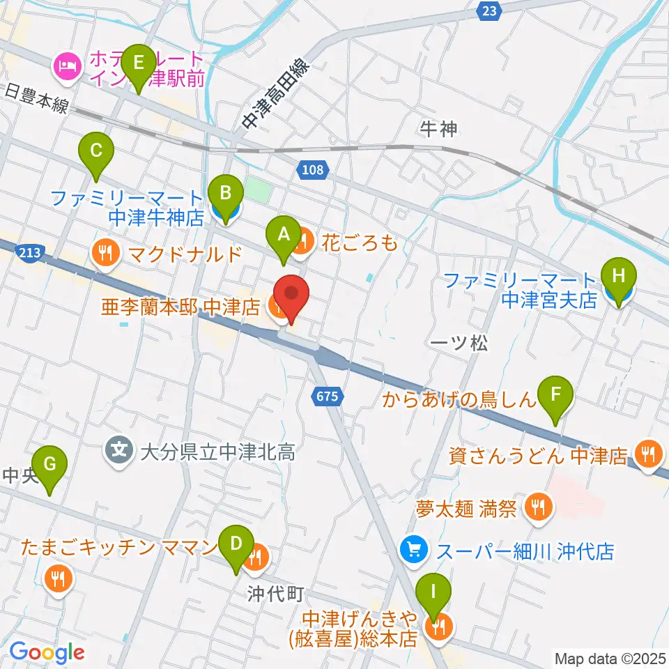 ミュージックストアナガト中津店周辺のコンビニエンスストア一覧地図