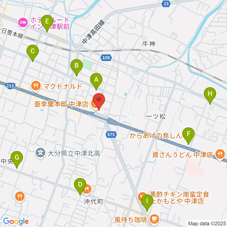 ミュージックストアナガト中津店周辺のコンビニエンスストア一覧地図