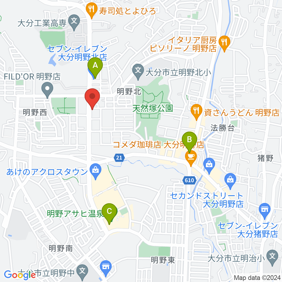 ミュージックストアナガト明野センター周辺のコンビニエンスストア一覧地図