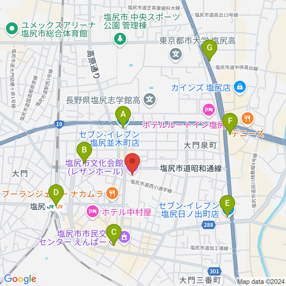 塩尻市文化会館レザンホール周辺のコンビニエンスストア一覧地図