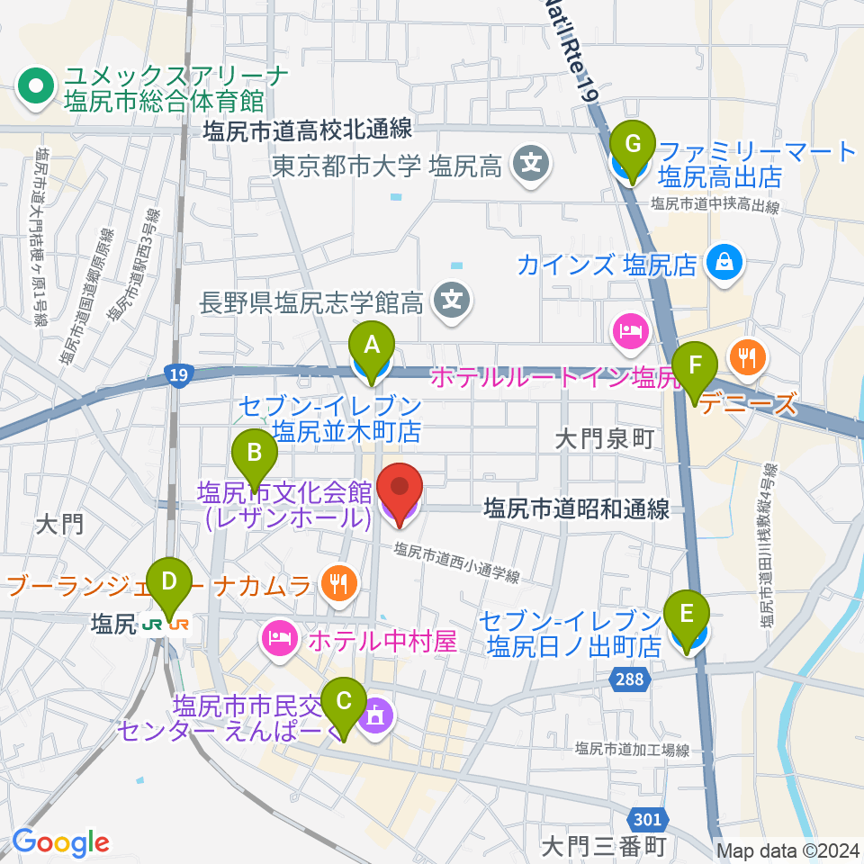 塩尻市文化会館レザンホール周辺のコンビニエンスストア一覧地図