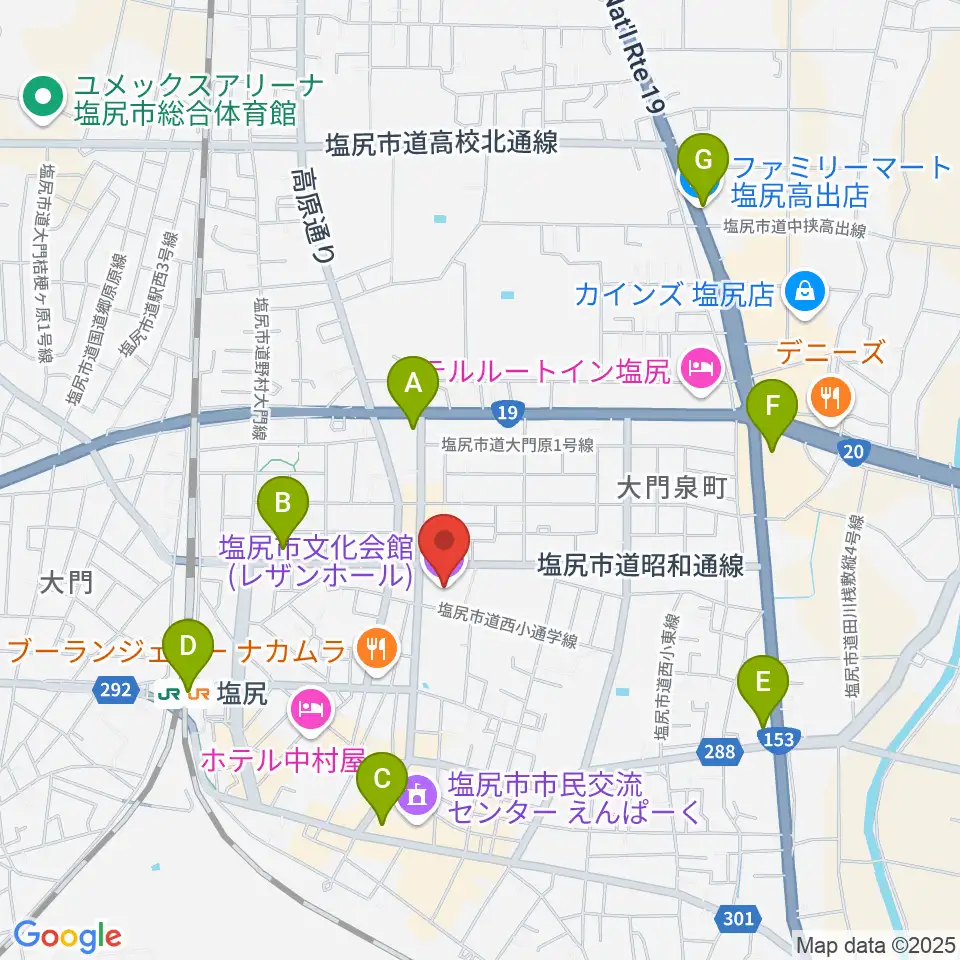 塩尻市文化会館レザンホール周辺のコンビニエンスストア一覧地図