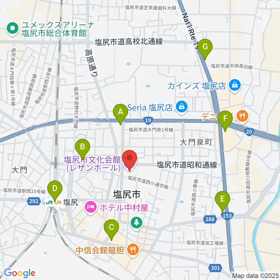 塩尻市文化会館レザンホール周辺のコンビニエンスストア一覧地図
