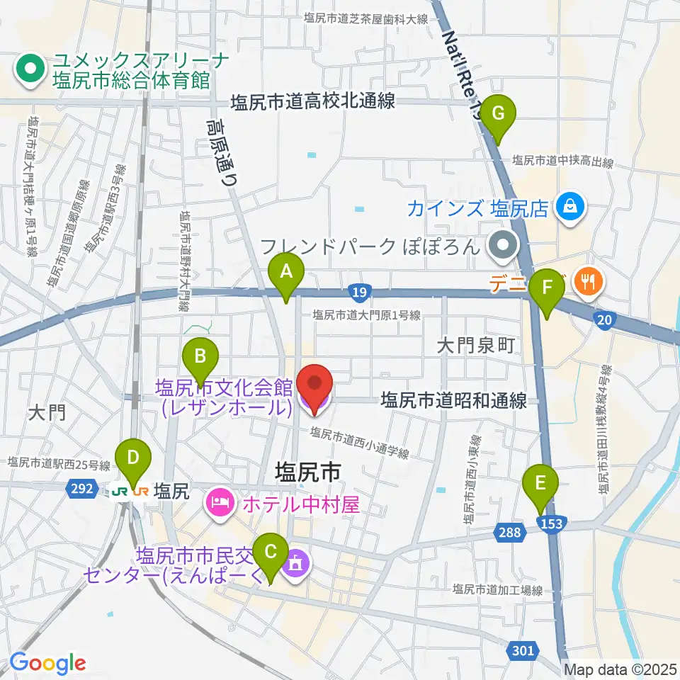 塩尻市文化会館レザンホール周辺のコンビニエンスストア一覧地図