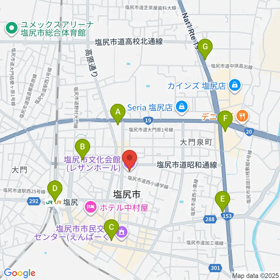 塩尻市文化会館レザンホール周辺のコンビニエンスストア一覧地図