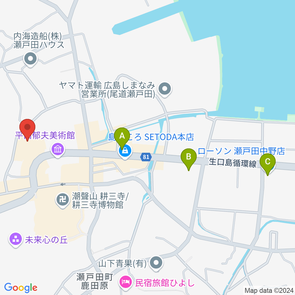 尾道市瀬戸田市民会館周辺のコンビニエンスストア一覧地図