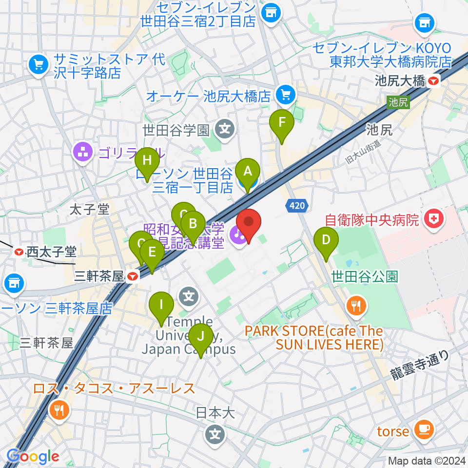 昭和女子大学人見記念講堂周辺のコンビニエンスストア一覧地図