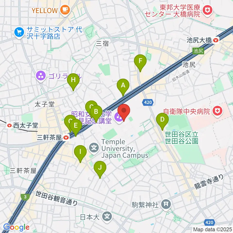 昭和女子大学人見記念講堂周辺のコンビニエンスストア一覧地図