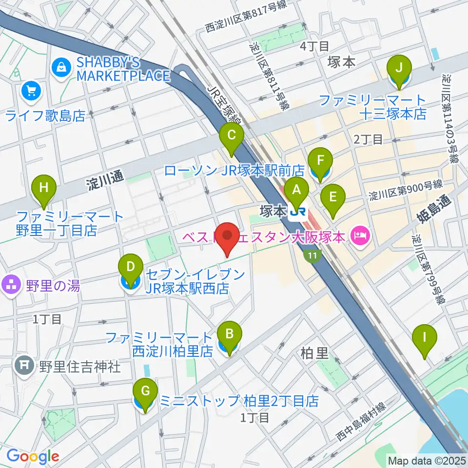 玉田ピアノ 塚本センター周辺のコンビニエンスストア一覧地図
