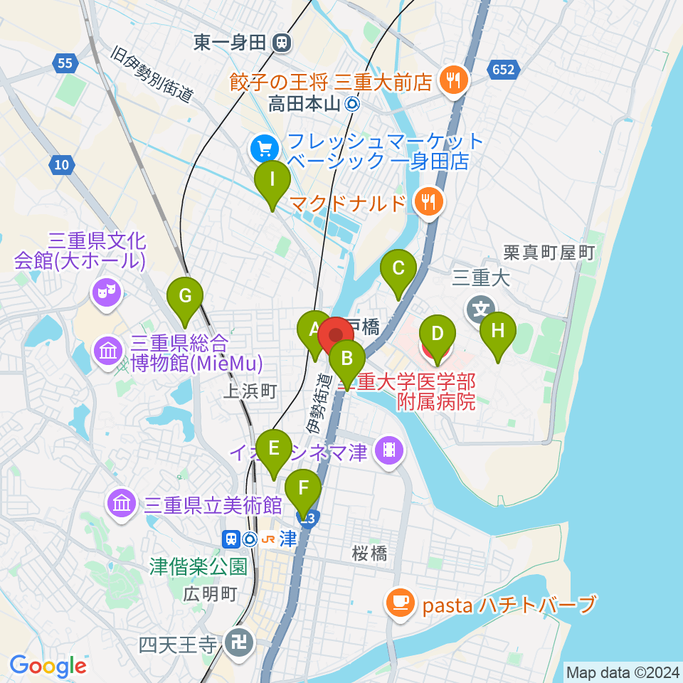 津あけぼの座周辺のコンビニエンスストア一覧地図