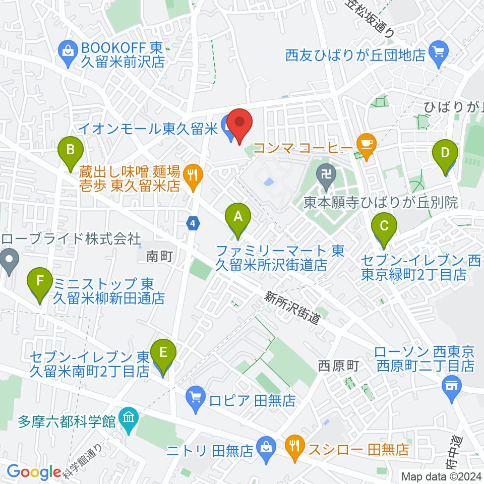 山野楽器 イオンモール東久留米店周辺のコンビニエンスストア一覧地図