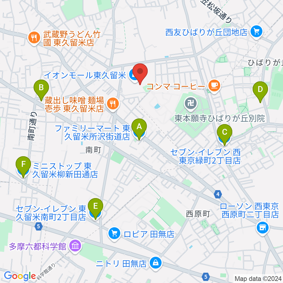 山野楽器 イオンモール東久留米店周辺のコンビニエンスストア一覧地図