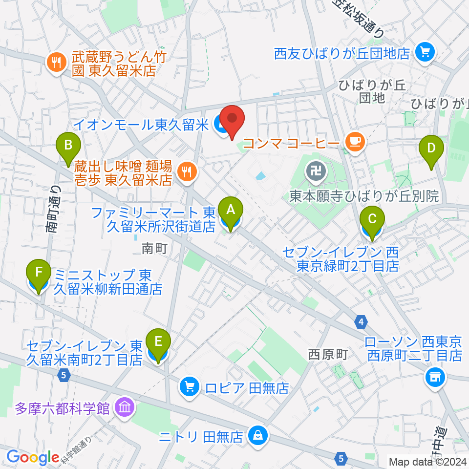 山野楽器 イオンモール東久留米店周辺のコンビニエンスストア一覧地図