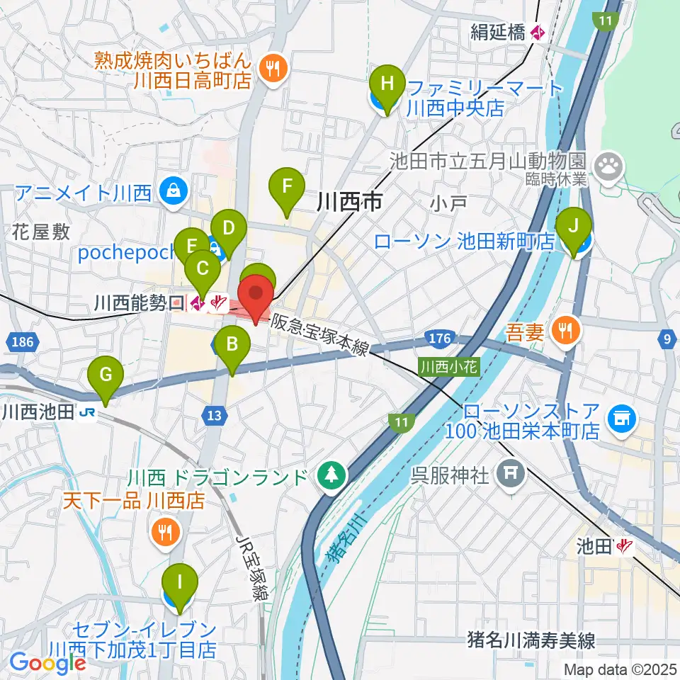 ハセガワ楽器 川西第2センター周辺のコンビニエンスストア一覧地図