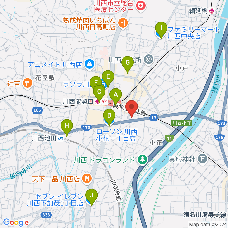 ハセガワ楽器 川西第一センター周辺のコンビニエンスストア一覧地図