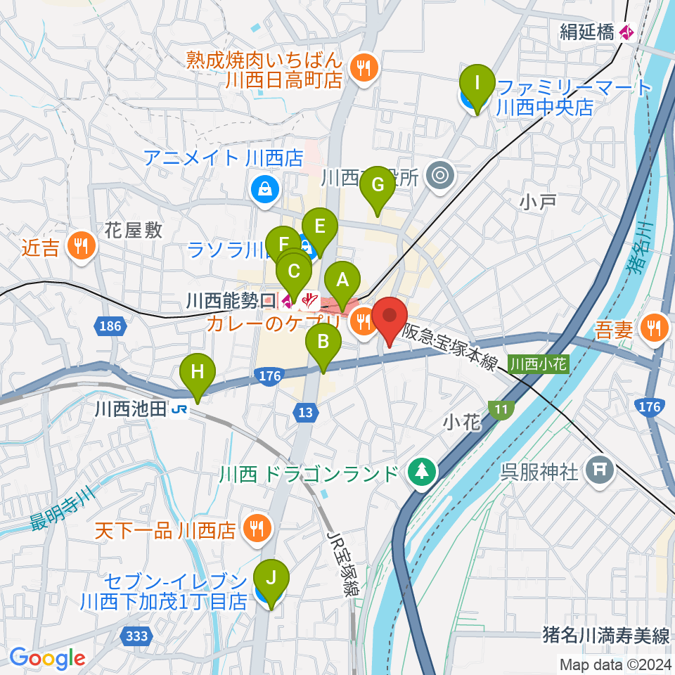 ハセガワ楽器 川西第一センター周辺のコンビニエンスストア一覧地図