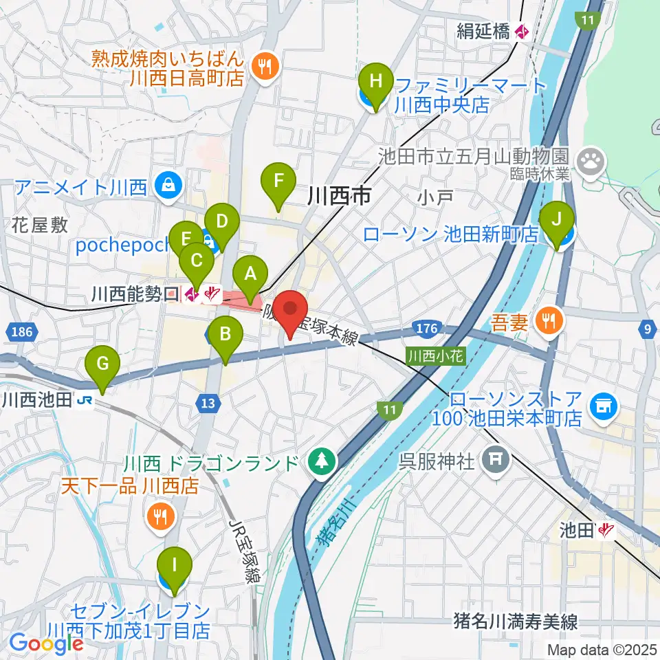 ハセガワ楽器 川西第一センター周辺のコンビニエンスストア一覧地図