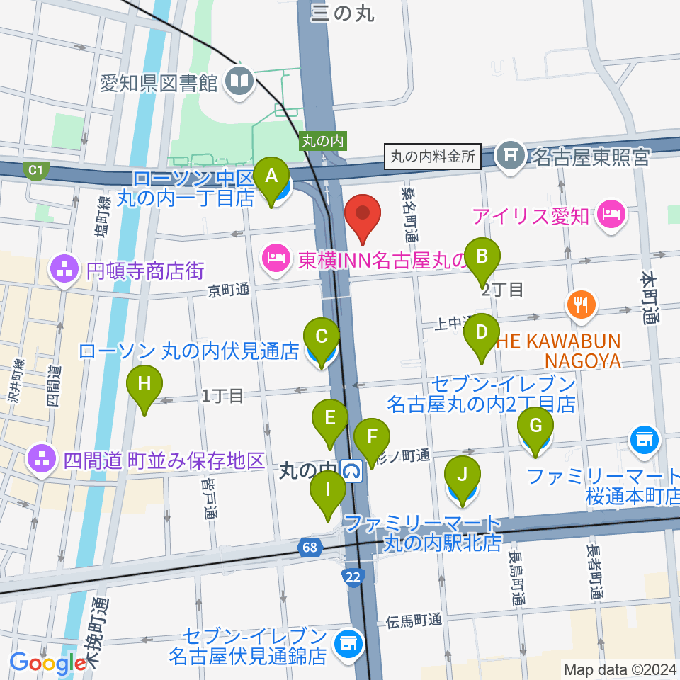 東建ホール・丸の内周辺のコンビニエンスストア一覧地図