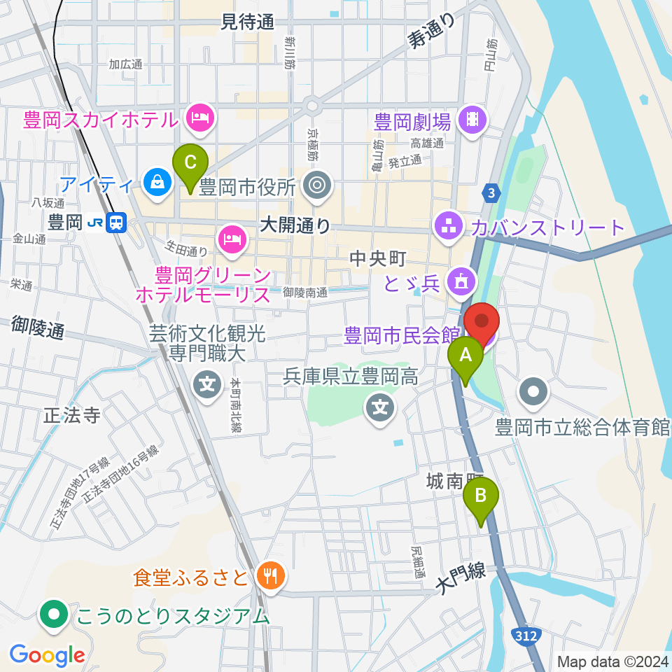 豊岡市民会館周辺のコンビニエンスストア一覧地図