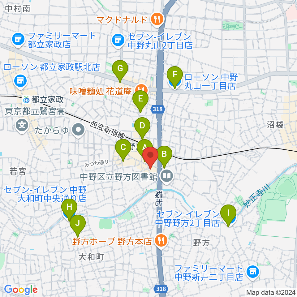 野方区民ホール周辺のコンビニエンスストア一覧地図