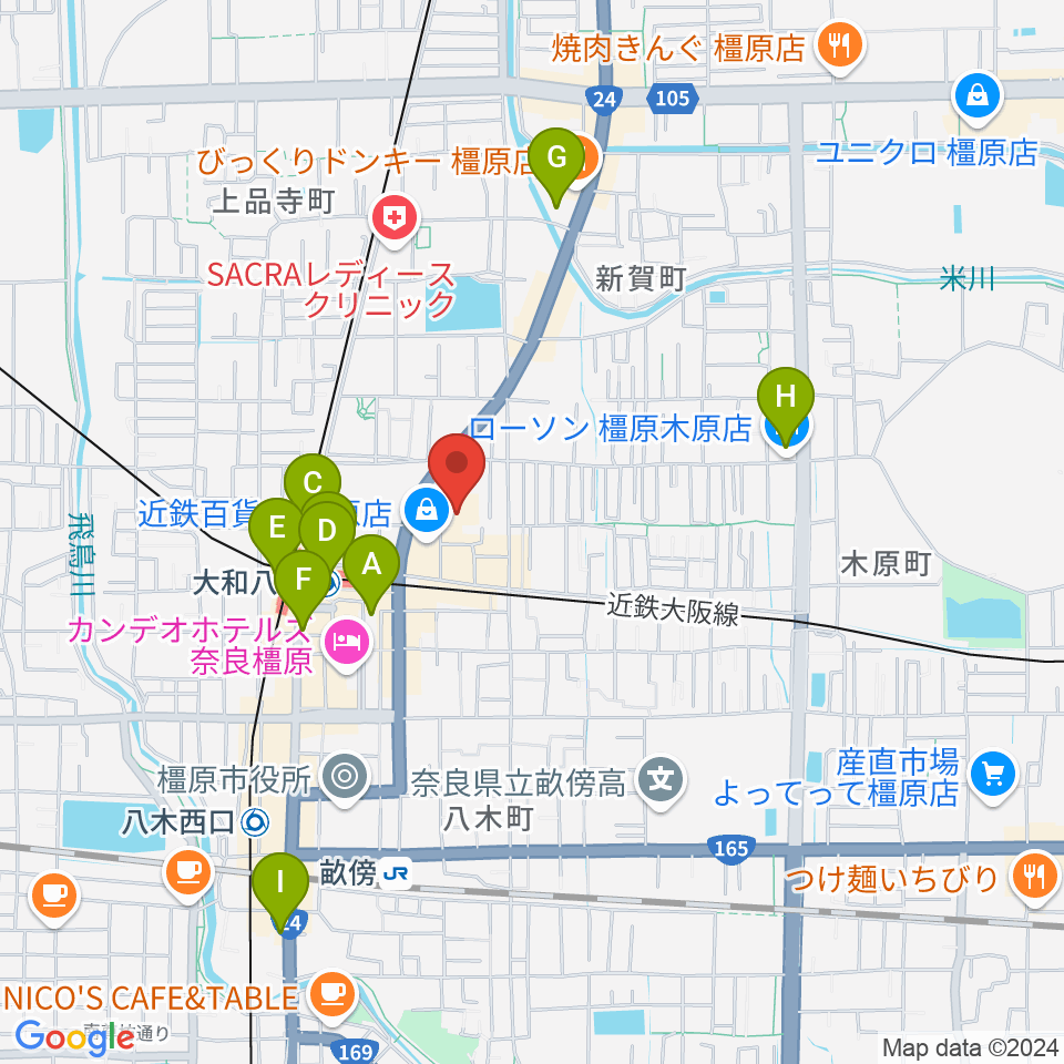 奈良県橿原文化会館周辺のコンビニエンスストア一覧地図