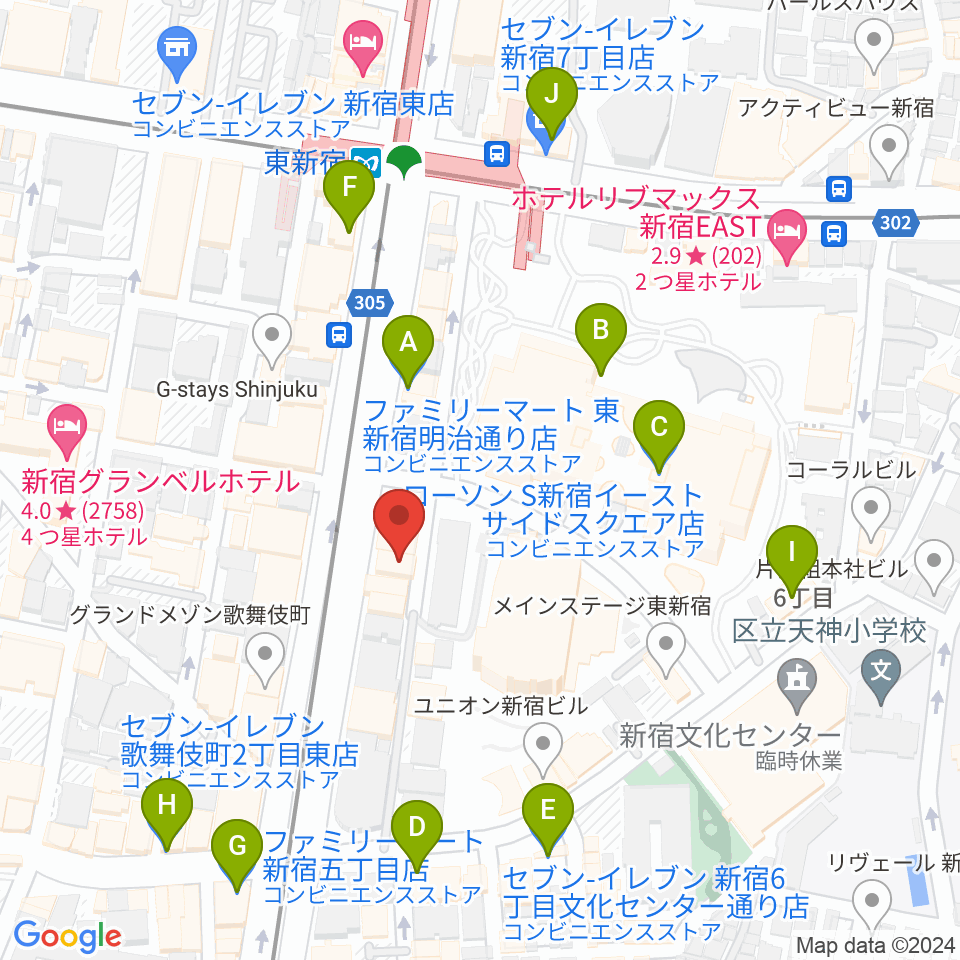 新宿レッドクロス周辺のコンビニエンスストア一覧地図