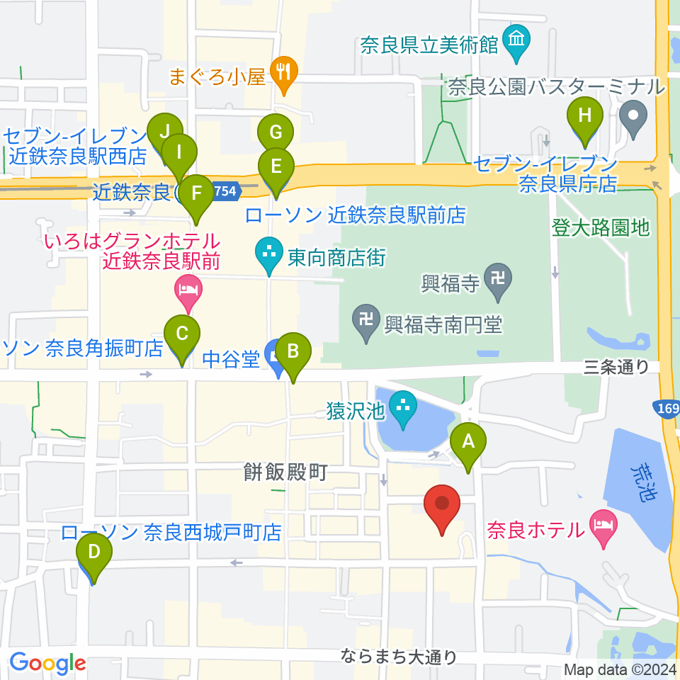 奈良市ならまちセンター周辺のコンビニエンスストア一覧地図