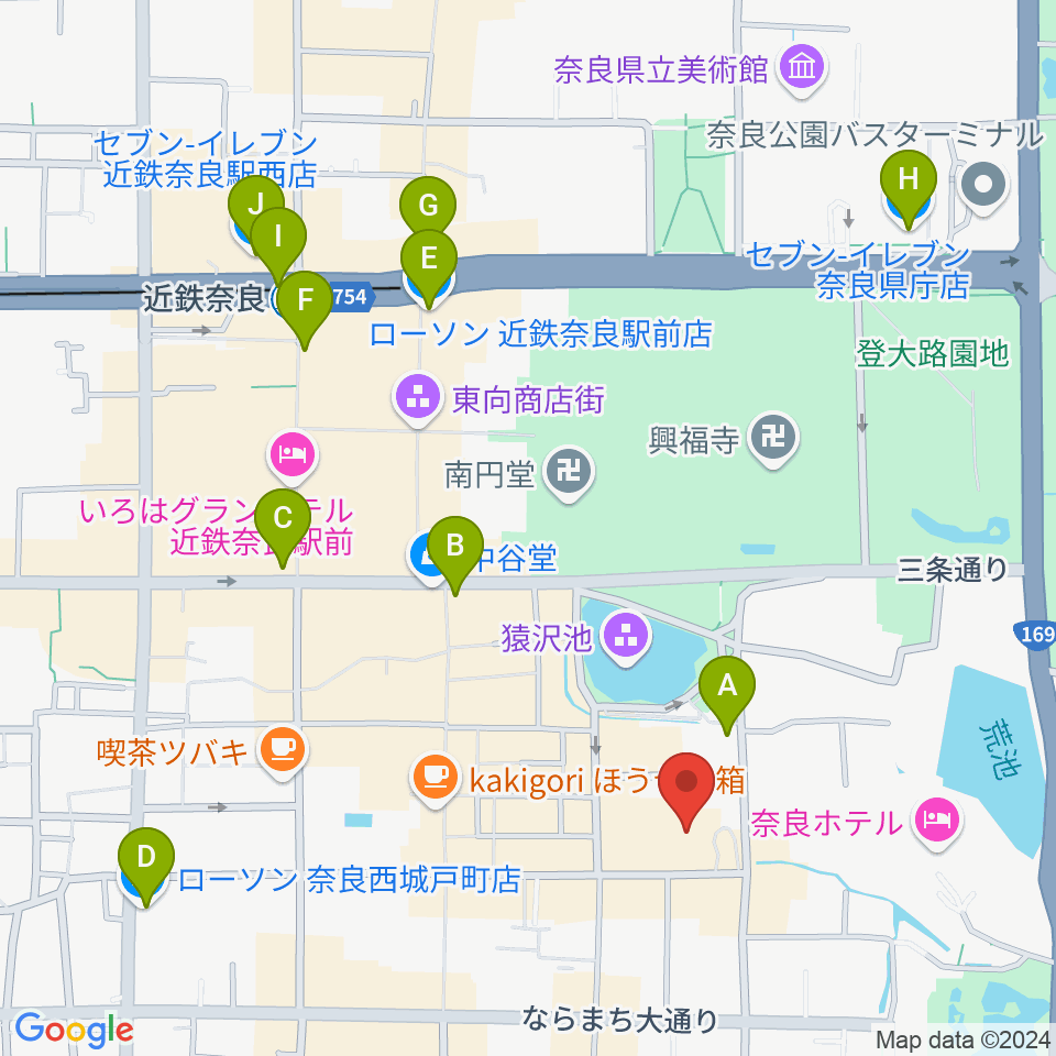 奈良市ならまちセンター周辺のコンビニエンスストア一覧地図