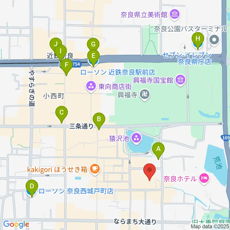 奈良市ならまちセンター周辺のコンビニエンスストア一覧地図