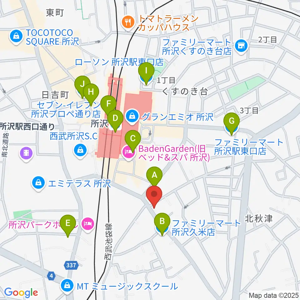 シアーミュージック 所沢校周辺のコンビニエンスストア一覧地図