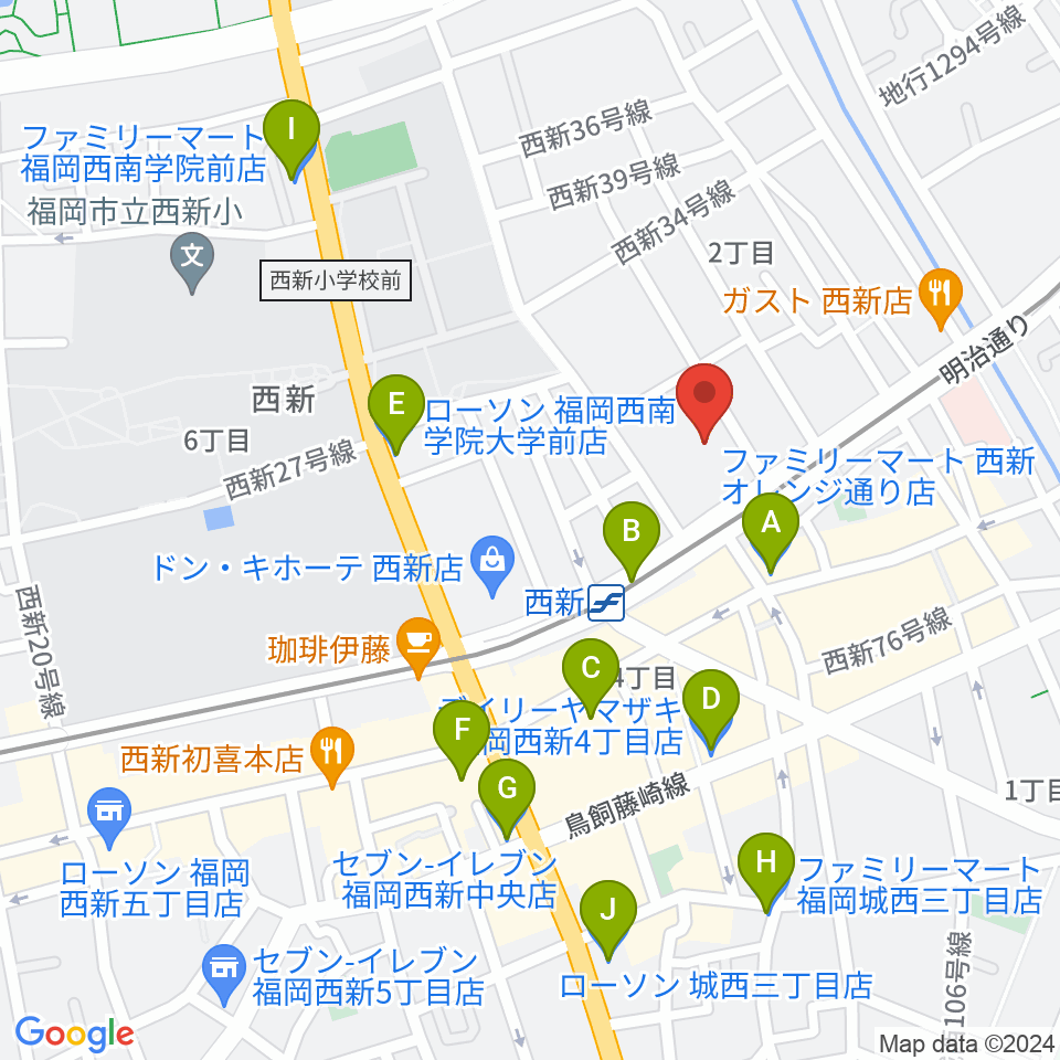 ヤマハ西新センター周辺のコンビニエンスストア一覧地図