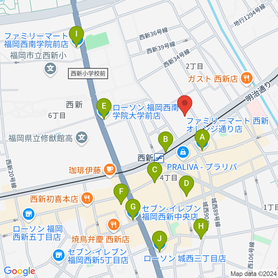 ヤマハ西新センター周辺のコンビニエンスストア一覧地図