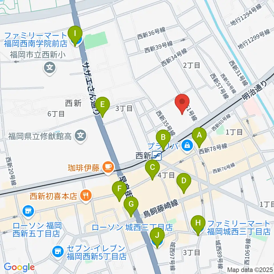 ヤマハ西新センター周辺のコンビニエンスストア一覧地図