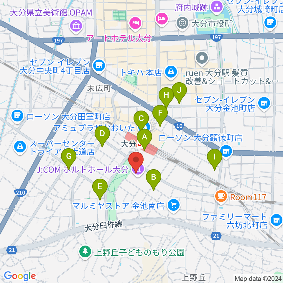 J:COM ホルトホール大分周辺のコンビニエンスストア一覧地図