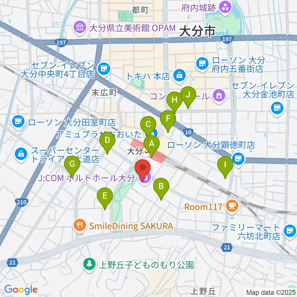 J:COM ホルトホール大分周辺のコンビニエンスストア一覧地図