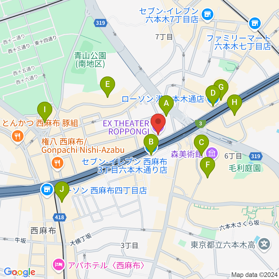 EXシアター六本木周辺のコンビニエンスストア一覧地図