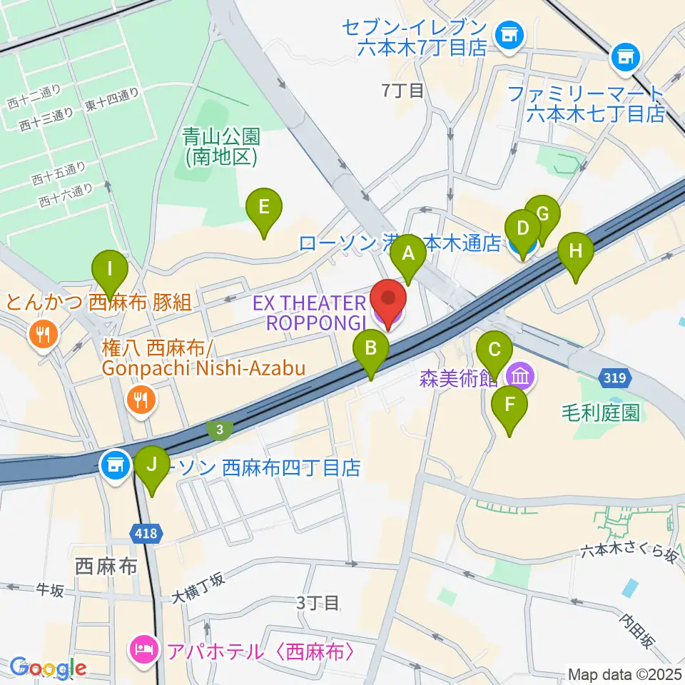 EXシアター六本木周辺のコンビニエンスストア一覧地図