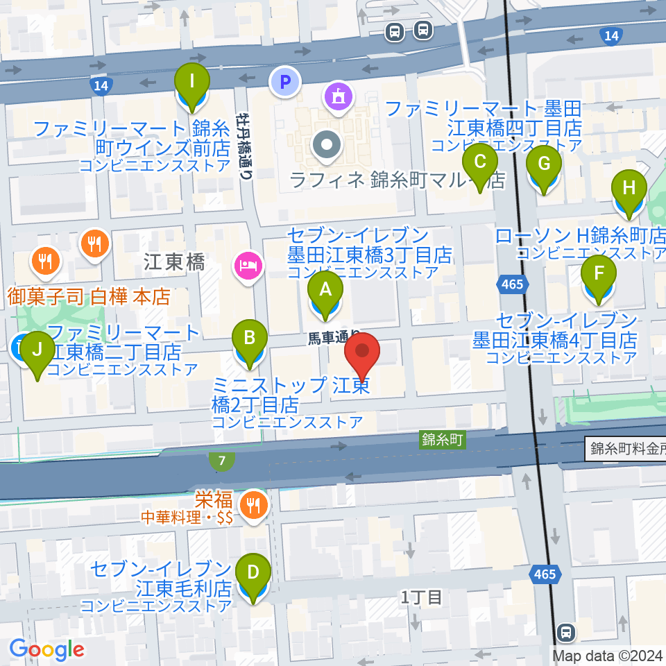 錦糸町ヒューズボックス周辺のコンビニエンスストア一覧地図