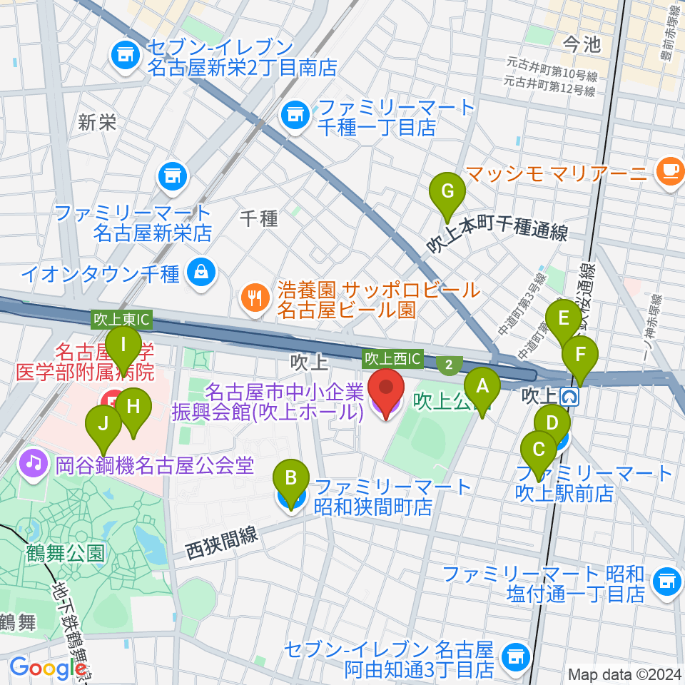 名古屋市中小企業振興会館 吹上ホール周辺のコンビニエンスストア一覧地図