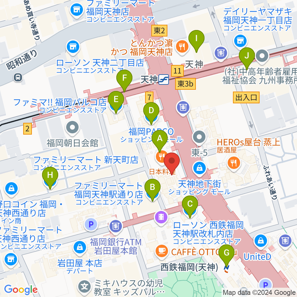 西鉄ホール周辺のコンビニエンスストア一覧地図