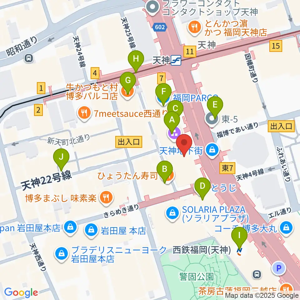 西鉄ホール周辺のコンビニエンスストア一覧地図