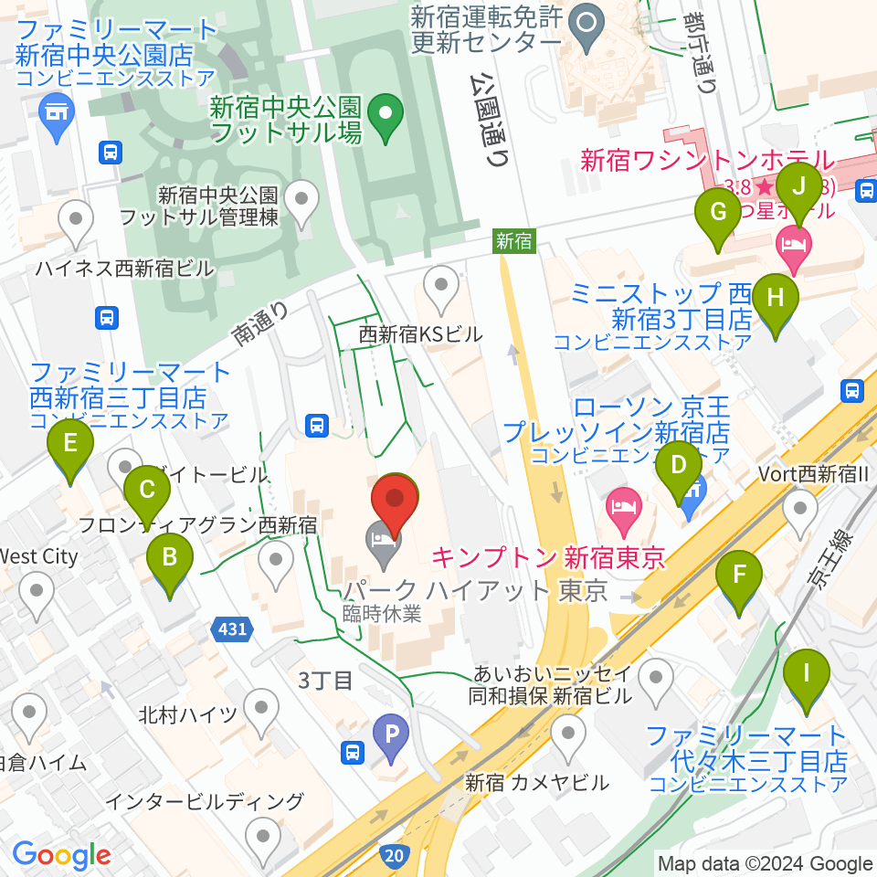 新宿パークタワーホール周辺のコンビニエンスストア一覧地図
