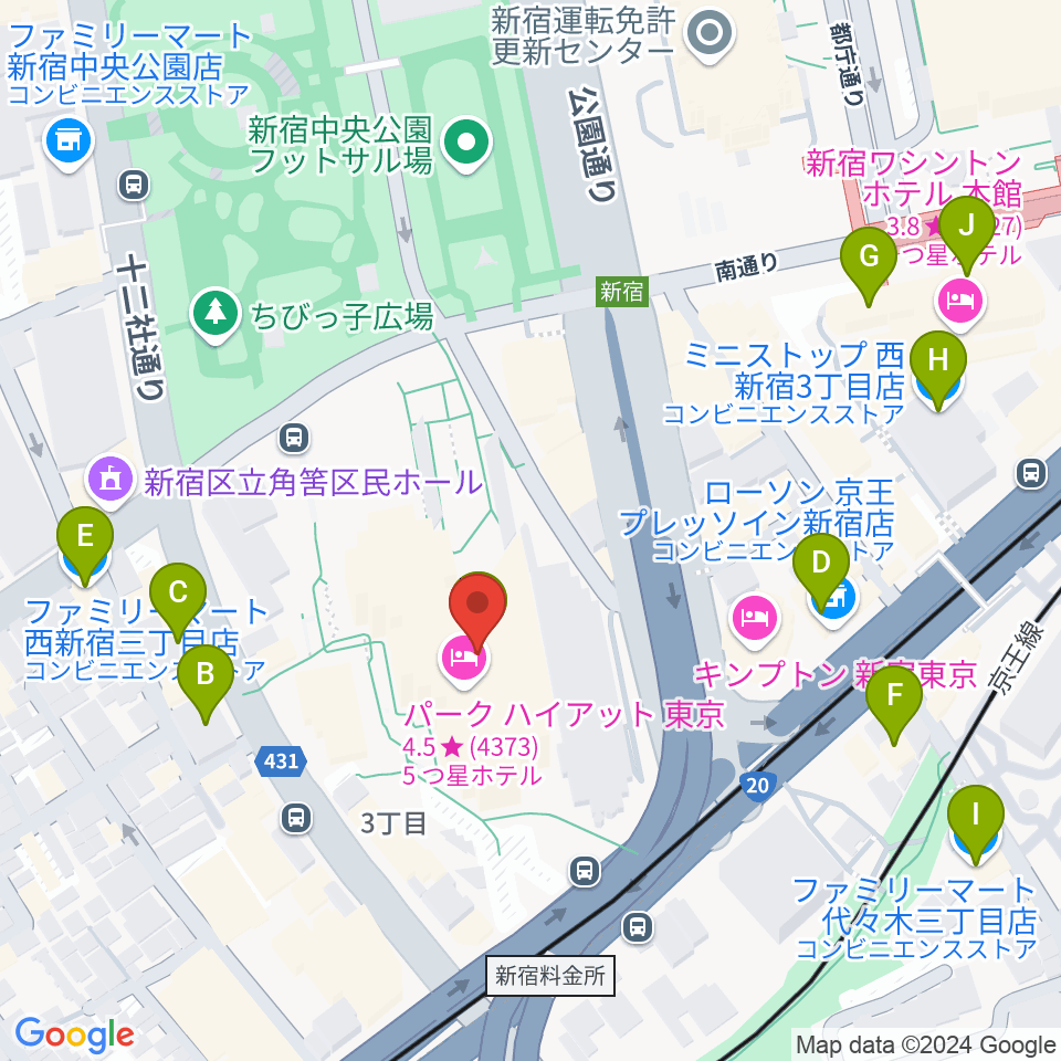 新宿パークタワーホール周辺のコンビニエンスストア一覧地図