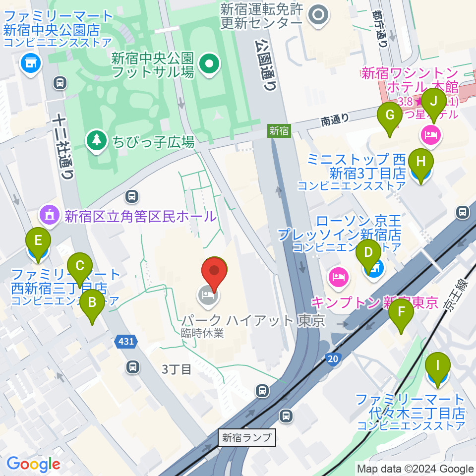 新宿パークタワーホール周辺のコンビニエンスストア一覧地図