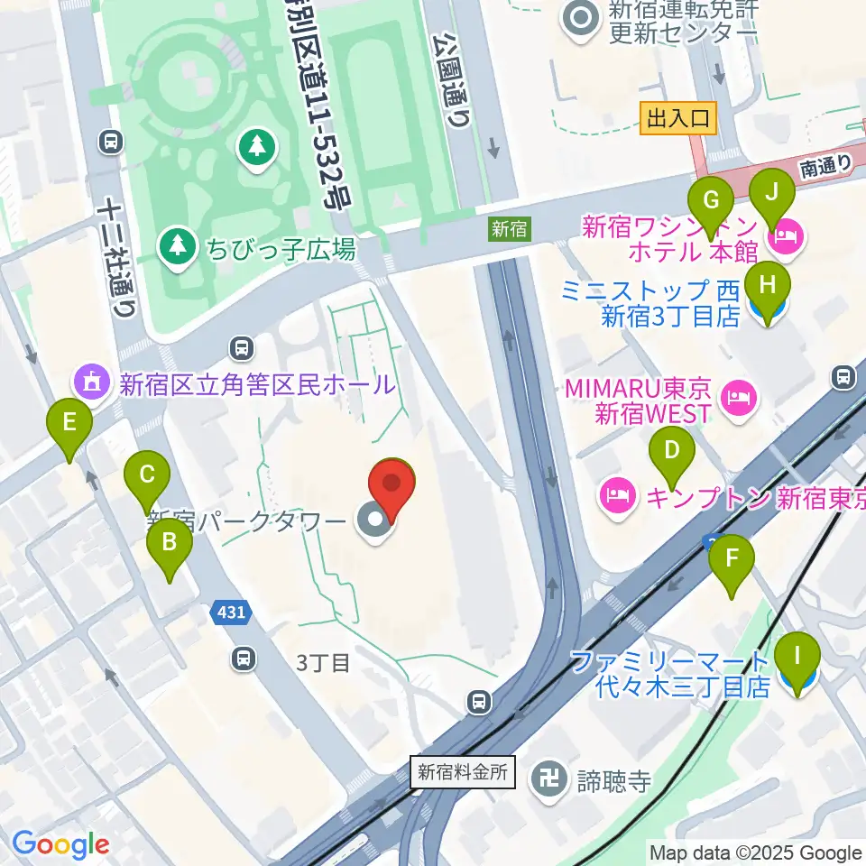 新宿パークタワーホール周辺のコンビニエンスストア一覧地図