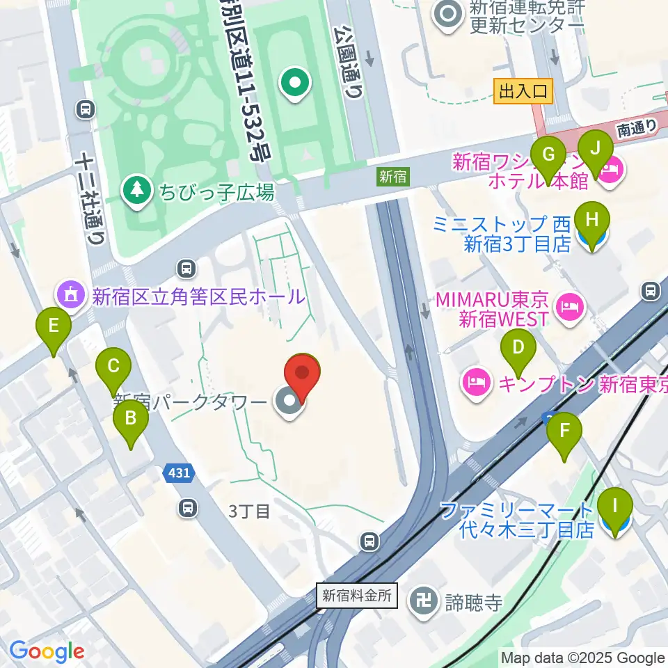 新宿パークタワーホール周辺のコンビニエンスストア一覧地図