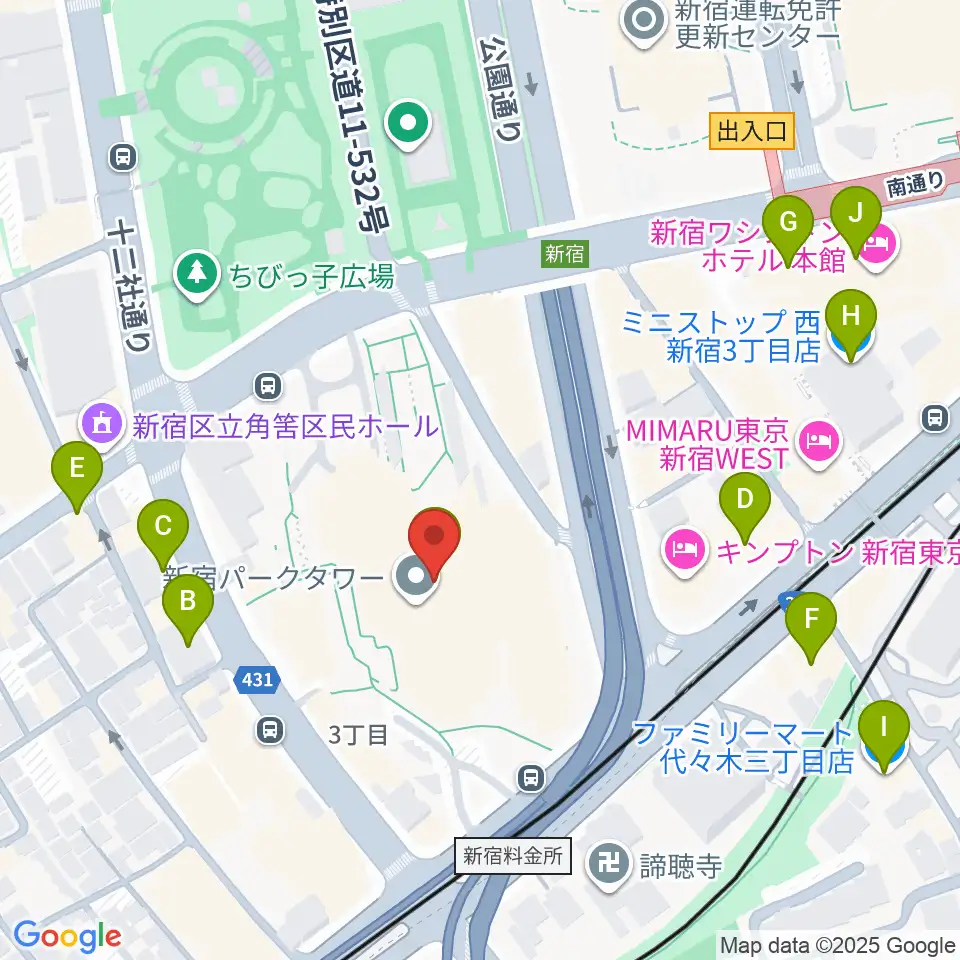 新宿パークタワーホール周辺のコンビニエンスストア一覧地図