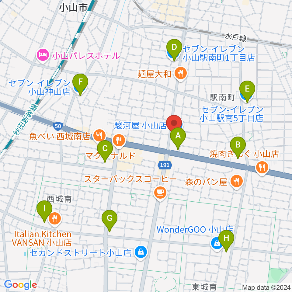 小山フェローズ周辺のコンビニエンスストア一覧地図