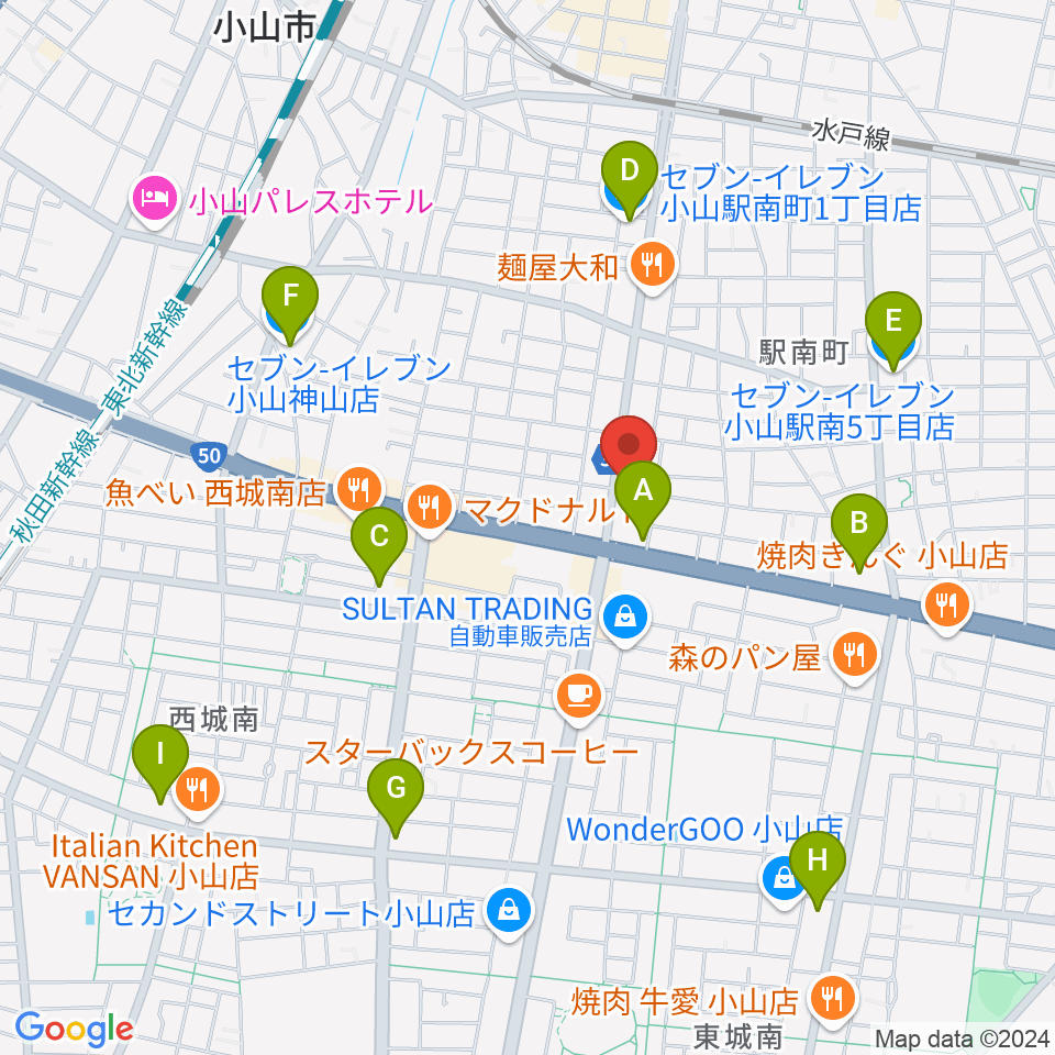 小山フェローズ周辺のコンビニエンスストア一覧地図